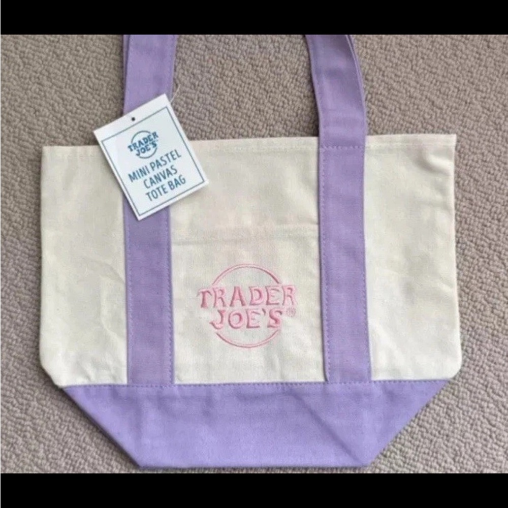 Cream and Purple Canvas Tote Bag with Wide Straps